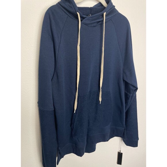 Tahari Sz M Sport Reverse Panel Hoodie Navy Blue Pullover Pocket Dratwstring NWT - Picture 4 of 16